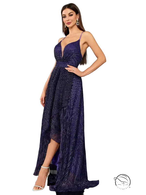 Elegant slim fit langry fashion evening dress in deep purple with plunging neckline