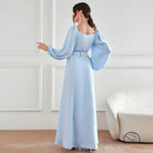 Elegant langry fashion high waist light blue satin dress with puff sleeves, square neckline and rhinestone belt