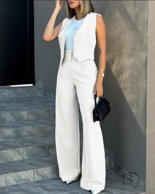 Elegant vest jacket wide leg pants set in white for women