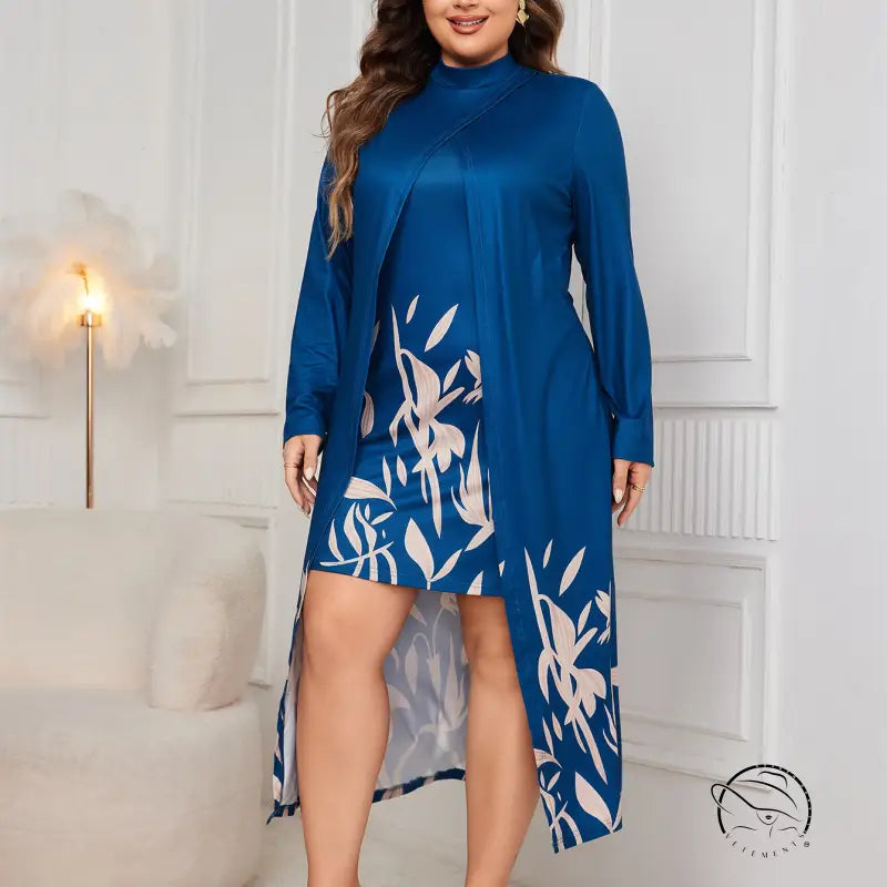 Plus-size woman in faux two piece long sleeve floral dress and cardigan