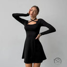 Black elegant knitted langry fashion dress with cutout neckline and flared skirt