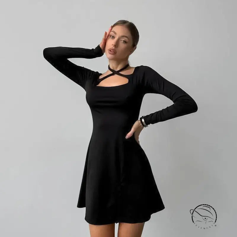 Black elegant knitted langry fashion dress with cutout neckline and flared skirt