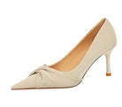 Langry fashion beige satin bow pointed toe thinner stiletto heel pumps