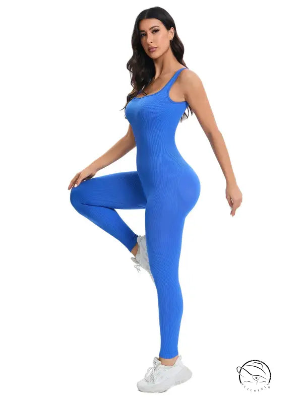 Langry vibrant royal blue ribbed seamless athletic jumpsuit in peach slim fit fashion
