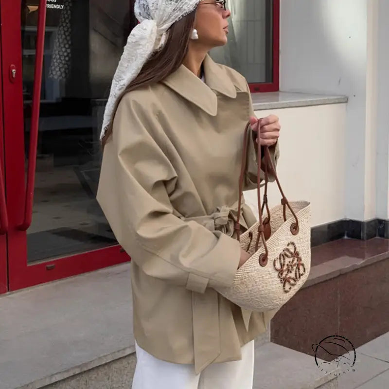 Beige langry oversized trench coat in cozy mid length jacket with floral embroidery