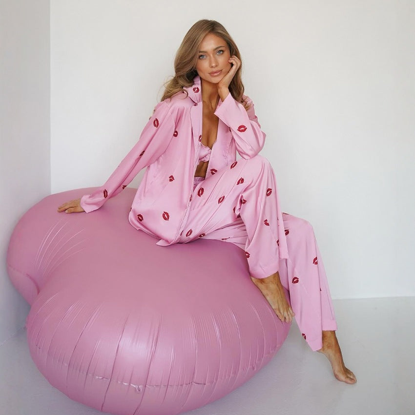 Lavender langry fashion pajamas with cloud bean bag chair and pink lips design