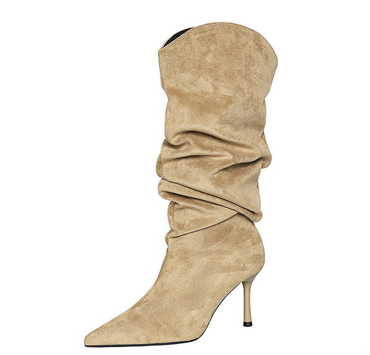 Tan suede langry fashion knee-high boots with pointed toe and slender heel