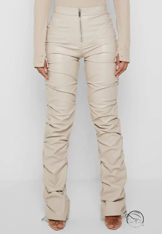 Tight faux leather ruched pants in beige for four seasons