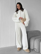 White fluffy langry fashion sweater and wide leg trousers set
