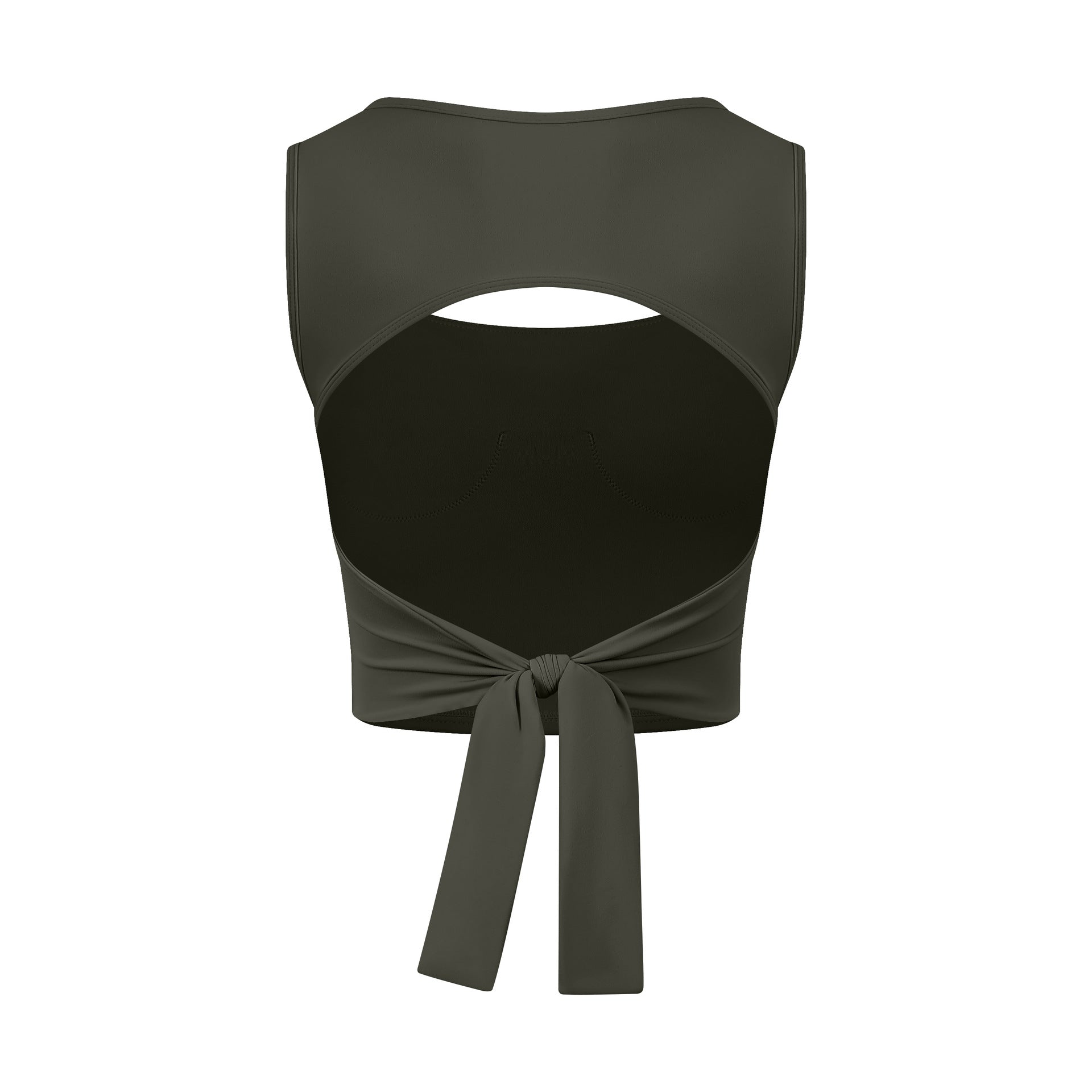 Olive green adjustable shockproof outdoor running bra with bow tie front and cutout back