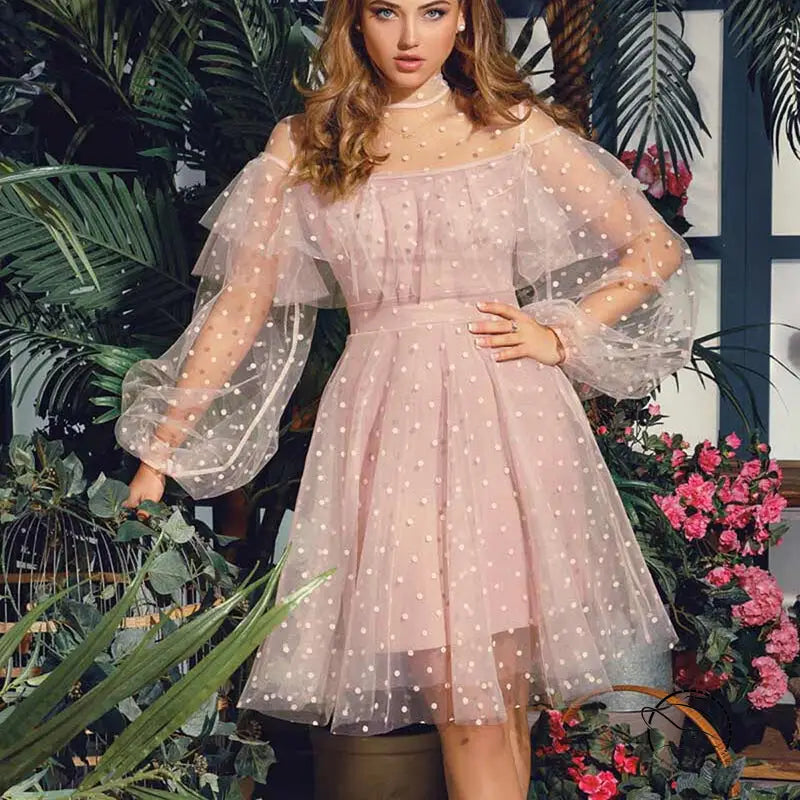 Romantic pink polka dot elegant evening dress with balloon sleeves