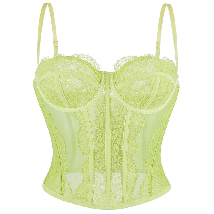 Langry neon green lace camisole outerwear top bra with mesh panels