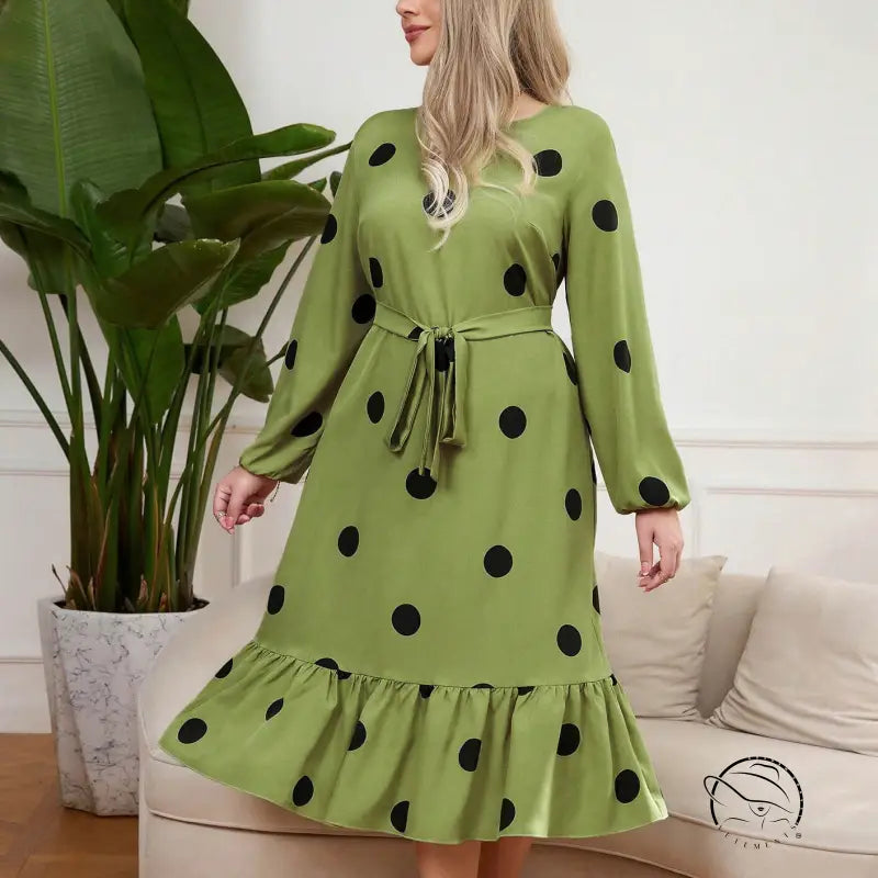 Lime green polka dot lotus leaf dress with ruffled hem