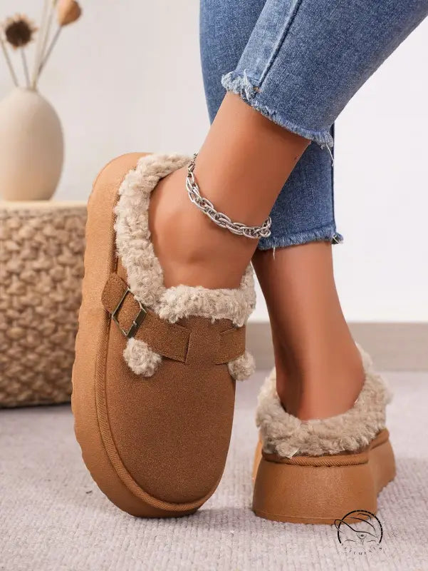 Brown faux-suede platform clogs with faux-fur trim in Langry fashion