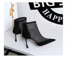Langry fashion black suede stiletto ankle boots with mesh and rhinestone design