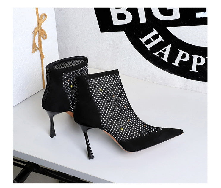 Langry fashion black suede stiletto ankle boots with mesh and rhinestone design