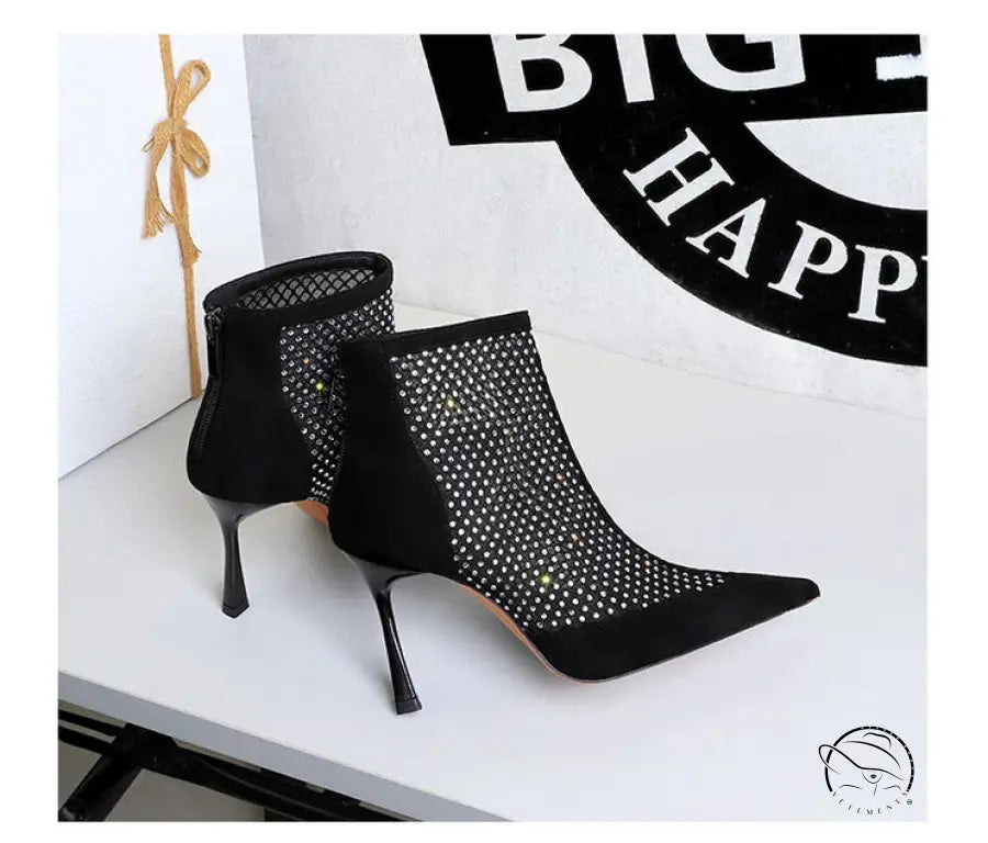 Black langry suede ankle boots with mesh rhinestone stiletto heels