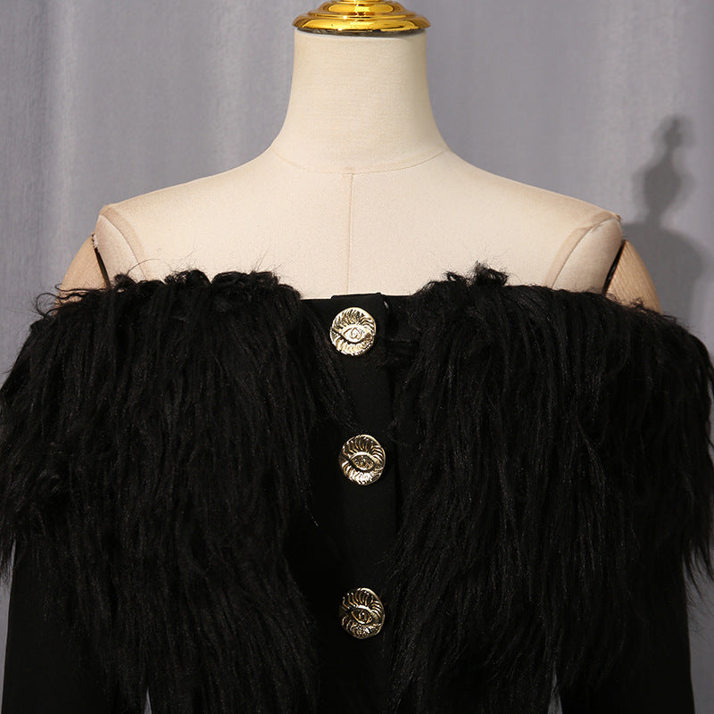 Langry elegant black feathered fashion blazer with gold buttons and trim