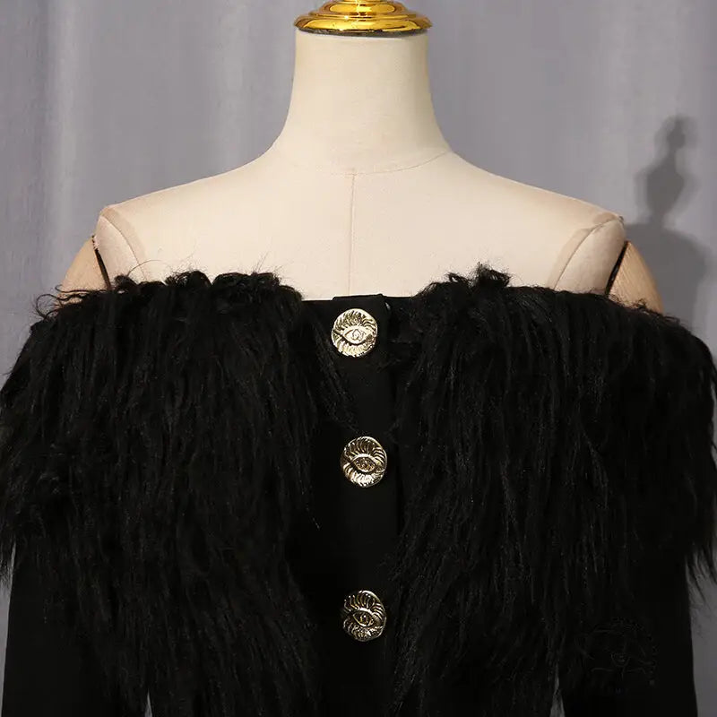 Elegant black feathered langry fashion blazer with gold buttons and trim