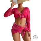 Four piece lace up swimsuit in vibrant pink with tropical leaf print