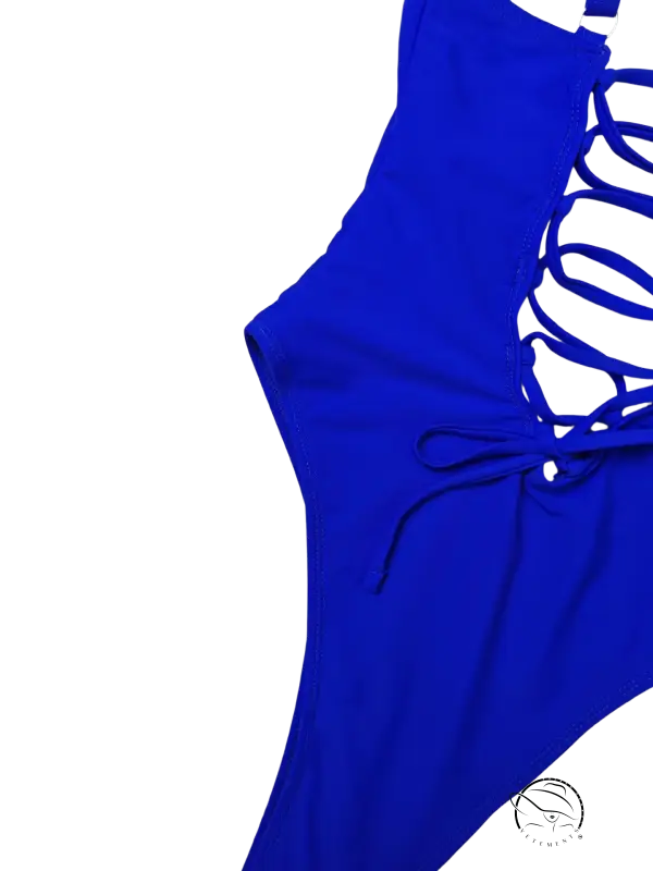 Vibrant royal blue one-piece swimsuit with lace-up back and white lining
