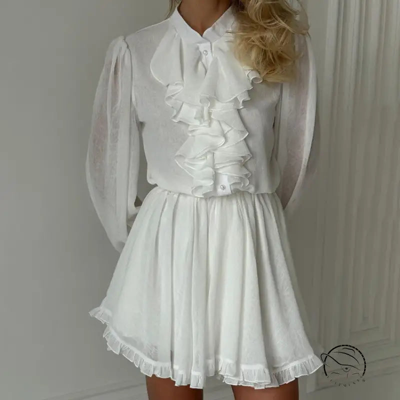 Elegant French short dress in white ruffled langry fashion ملابس