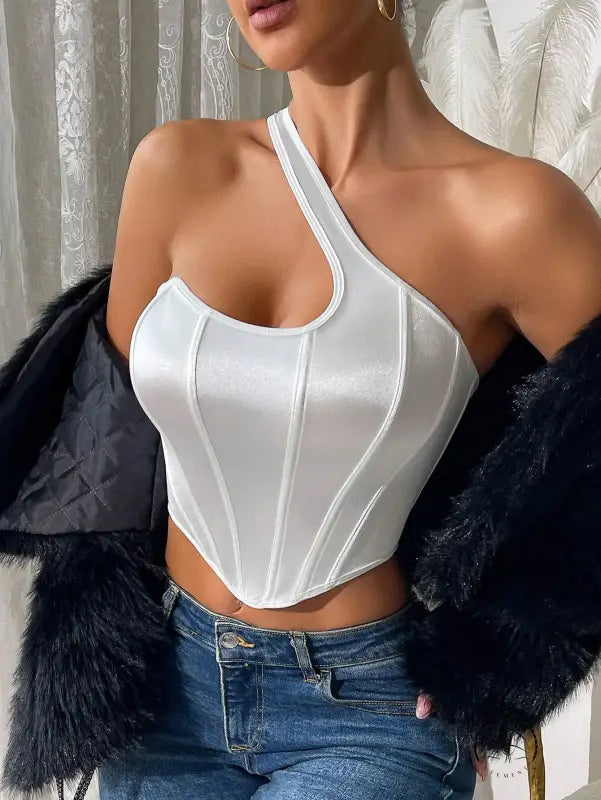 White satin langry halter top with black trim and lace-up back