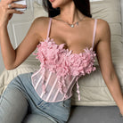 Pink floral lace corset top with sheer mesh paneling by Langry fashion