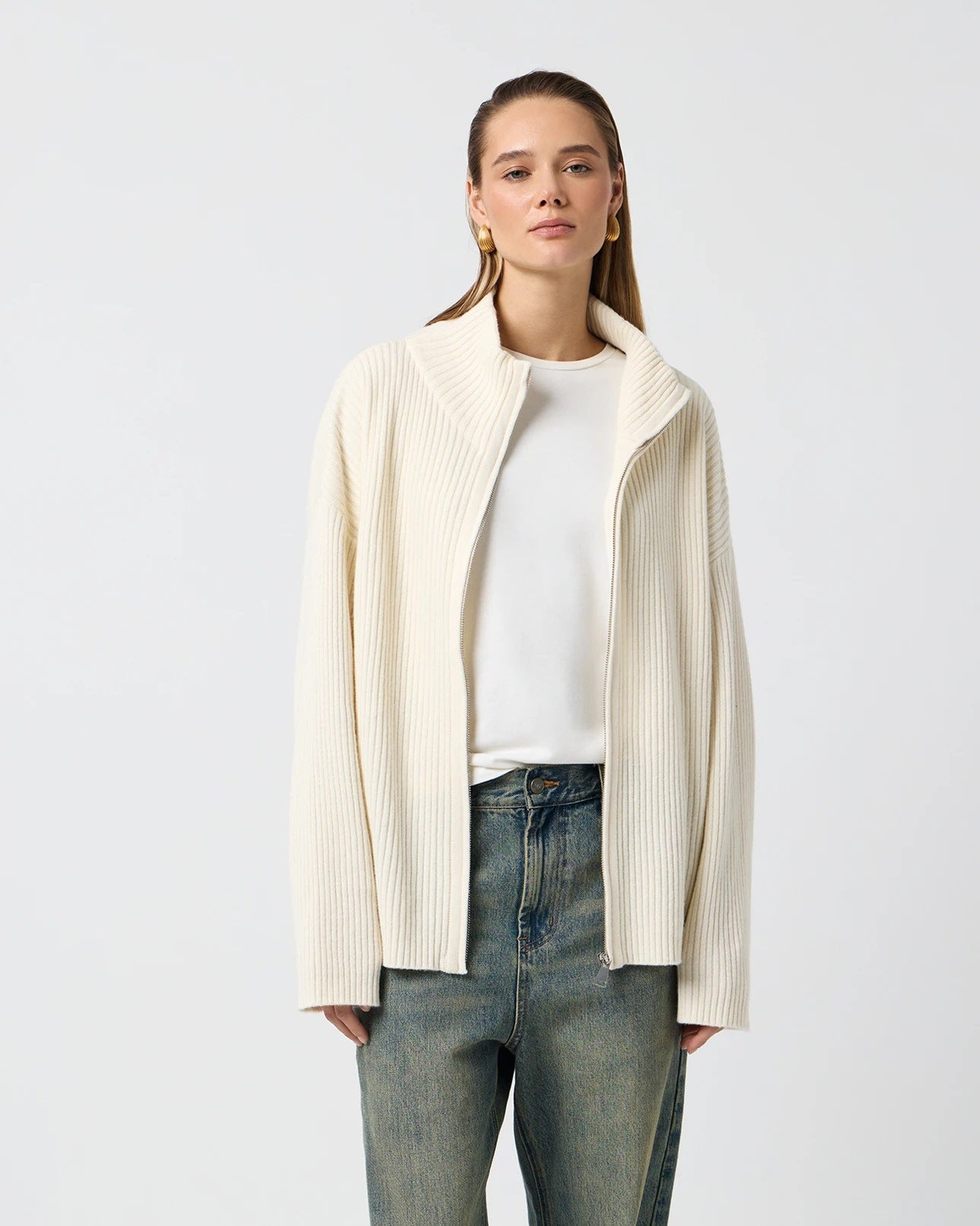 Cozy cream ribbed knit cardigan with high collar, long regular sleeves
