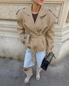 Trendy casual mid-length khaki trench coat in beige with double-breasted design, belt, langry fashion ملابس