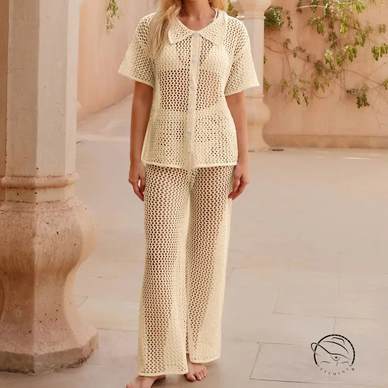 Cream-colored crochet beach loose shirt and casual trousers set