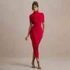 Elegant slim pleated red turtleneck dress with short sleeves