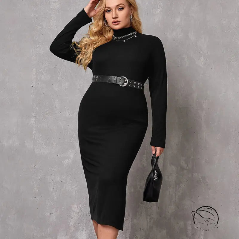 Elegant winter mid length black turtleneck midi dress with belt