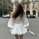 White V-neck lantern sleeve pettidress in satin fashion ملابس