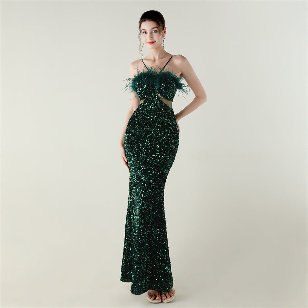 Green Sequined Mermaid Langry Fashion Evening Dress with Ostrich Feathers