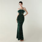 Green Sequined Mermaid Langry Fashion Evening Dress with Ostrich Feathers