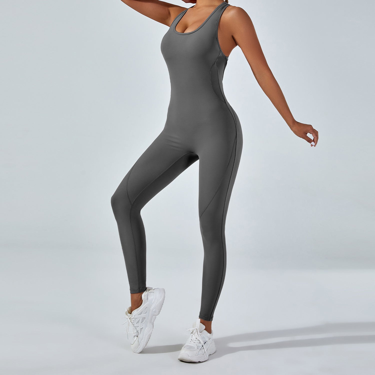 Sleek gray langry fashion yoga one-piece jumpsuit with racerback design
