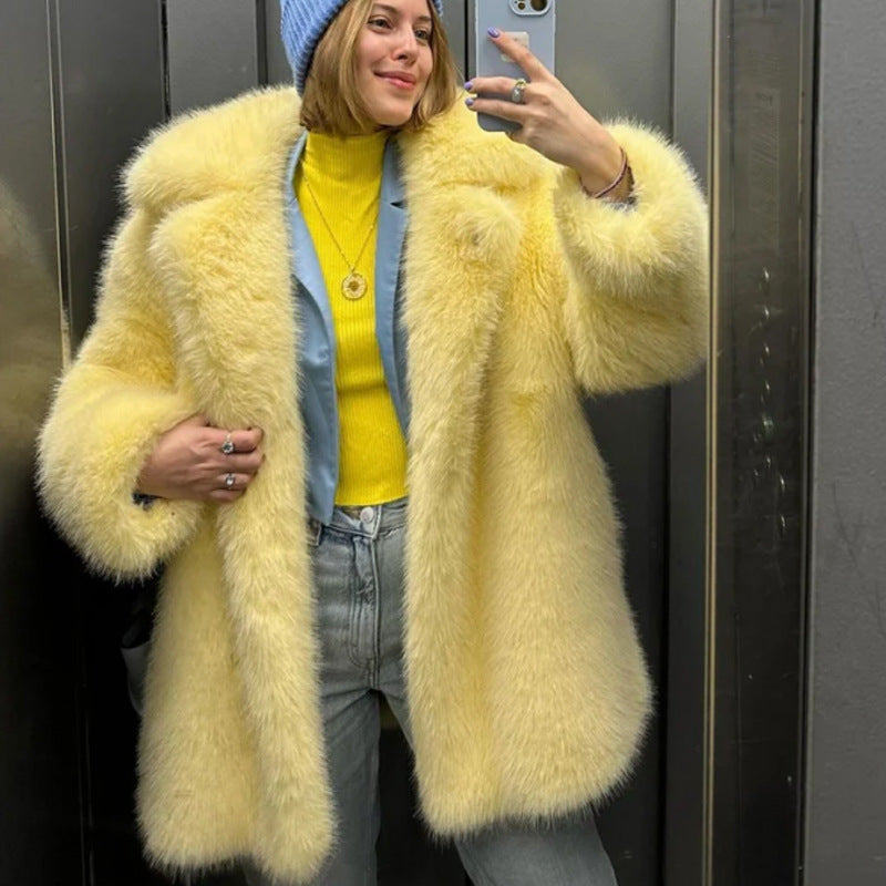 Yellow fluffy faux fur coat with relaxed fit and oversized sleeves