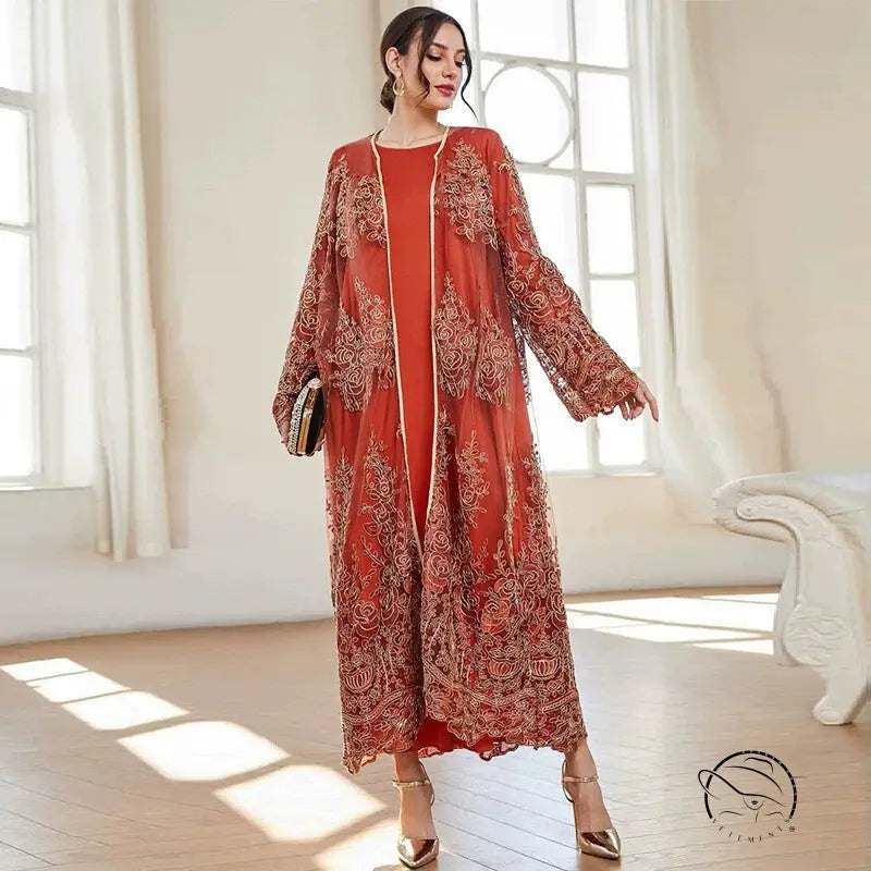 Elegant rust-colored abaya with gold embroidery, langry fashion mesh overlay