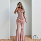 Blush pink lace mermaid gown in Langry fashion with high slit and sweetheart neckline