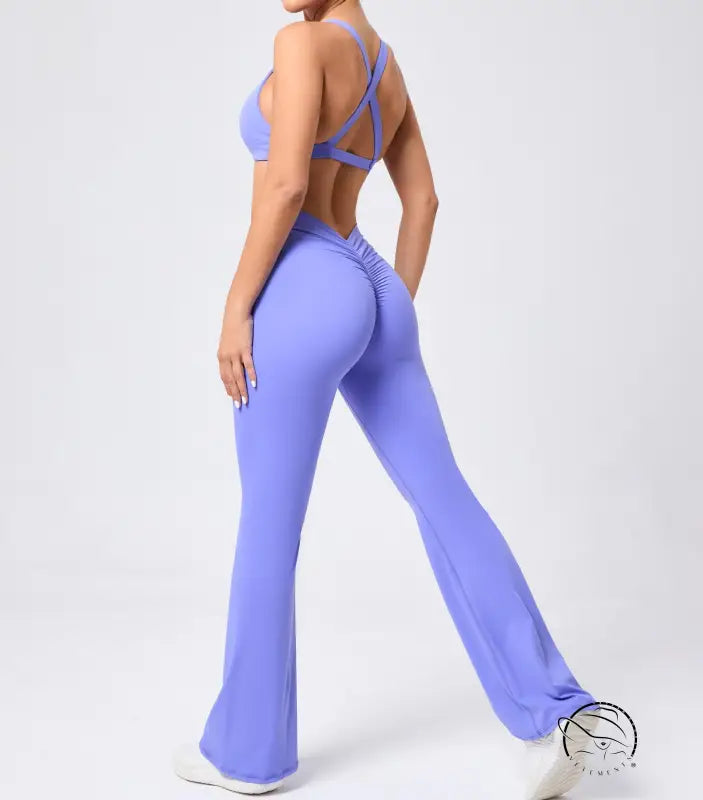Peach tight brushed yoga clothes with hip raise flared pants and crisscross sports bra