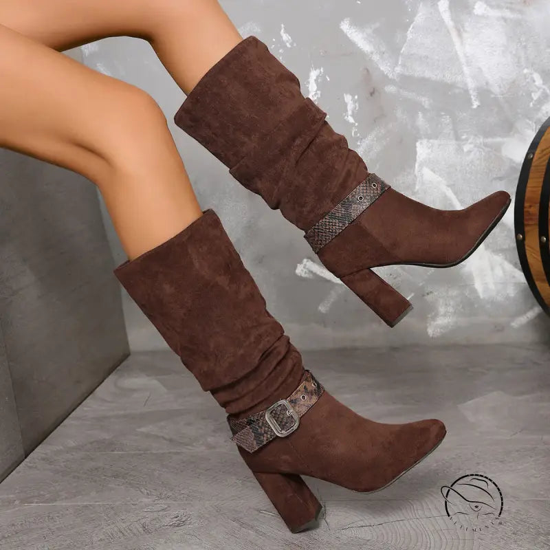 Langry fashion brown suede knee-high boots with buckles and heels