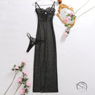 Black polka dot lace camisole dress with floral pattern and spaghetti straps