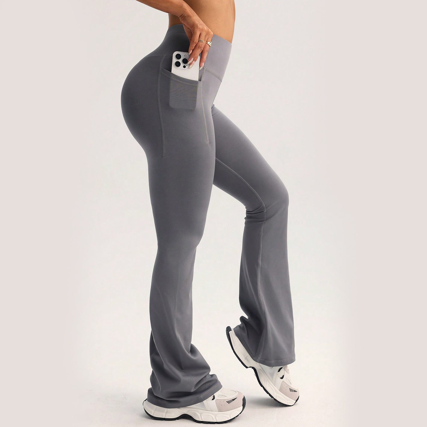 Gray high-waisted flared langry fashion leggings with phone pocket