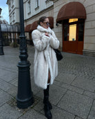 Warm Winter Faux Fur Coat in Langry Fashion with White Fur and Black Trim