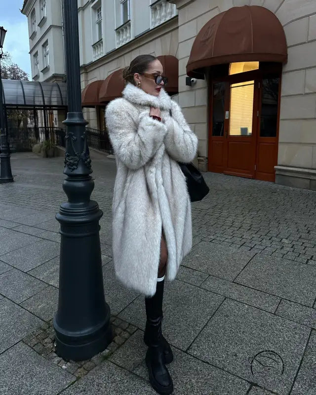 Warm winter faux fur coat with white fur, black trim, and buttons