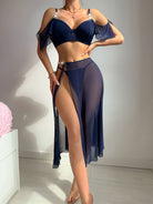 Navy blue sheer Versace-inspired langry dress with cutout shoulders and high slit