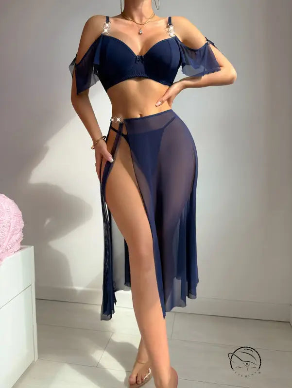 Navy blue sheer Versace-inspired langry dress with cutout shoulders and high slit