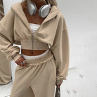 Langry beige cropped hoodie in high-waist wide-leg fashion trousers suit