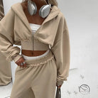 Langry beige cropped fashion hoodie with ribbed waistband and zipper front